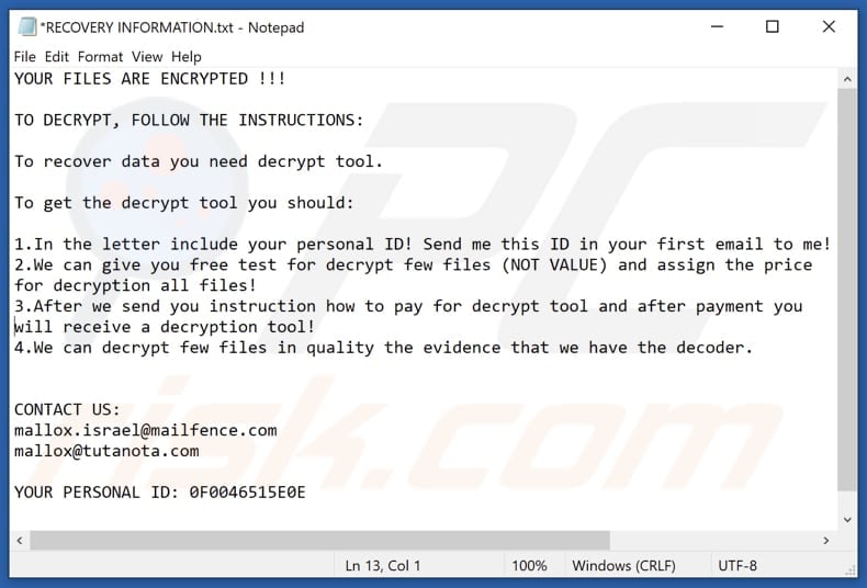Screenshot della richiesta di riscatto di Mallox (