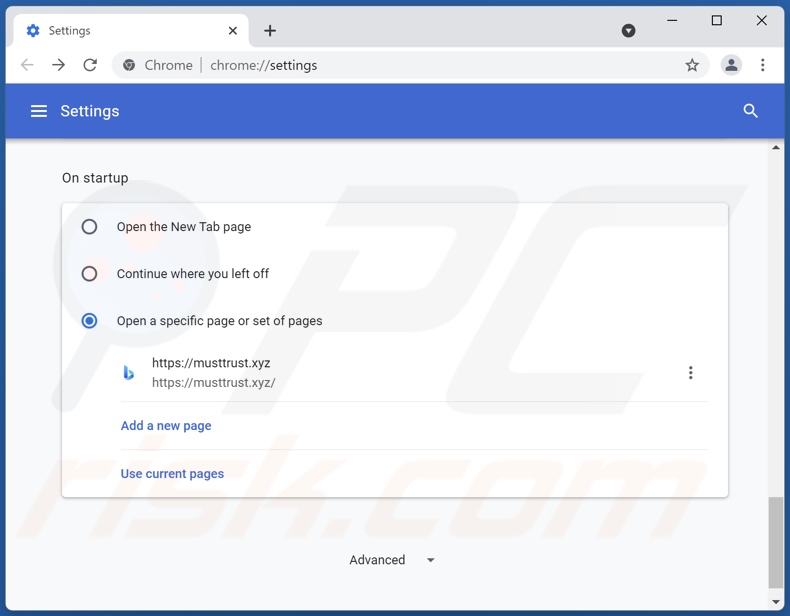 Rimozione musttrust[.]xyz dalla home page di Google Chrome