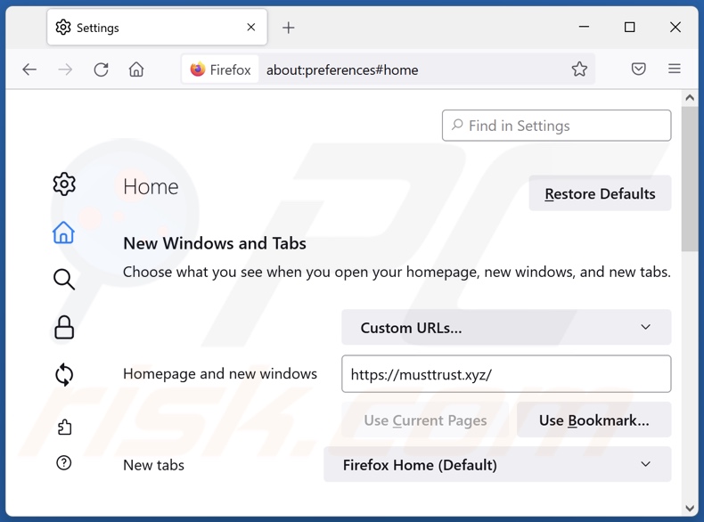 Rimozione di musttrust[.]xyz dalla home page di Mozilla Firefox