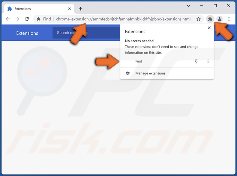 musttrust[.]xyz che promuove Find browser hijacker che mostra un elenco di estensioni false su Chrome
