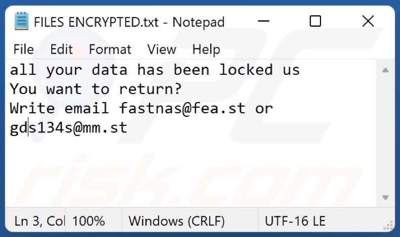 Screenshot del file di testo del ransomware NaS (