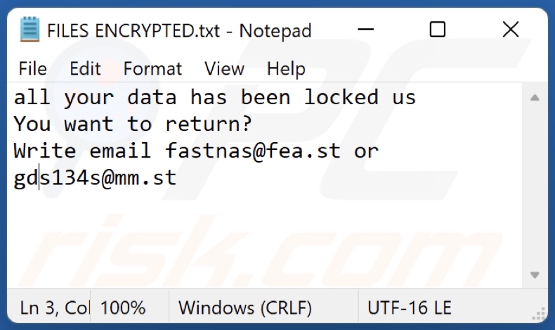 Screenshot del file di testo del ransomware NaS (