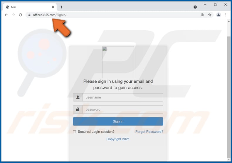 Pagina di accesso a Office 365 falsa che chiede di inserire l'indirizzo e-mail (o il nome utente) e la password: