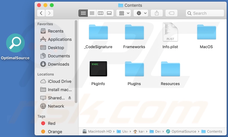 Cartella di installazione dell'adware OptimalSource