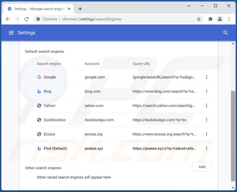 Rimozione di peatea[.]xyz dal motore di ricerca predefinito di Google Chrome