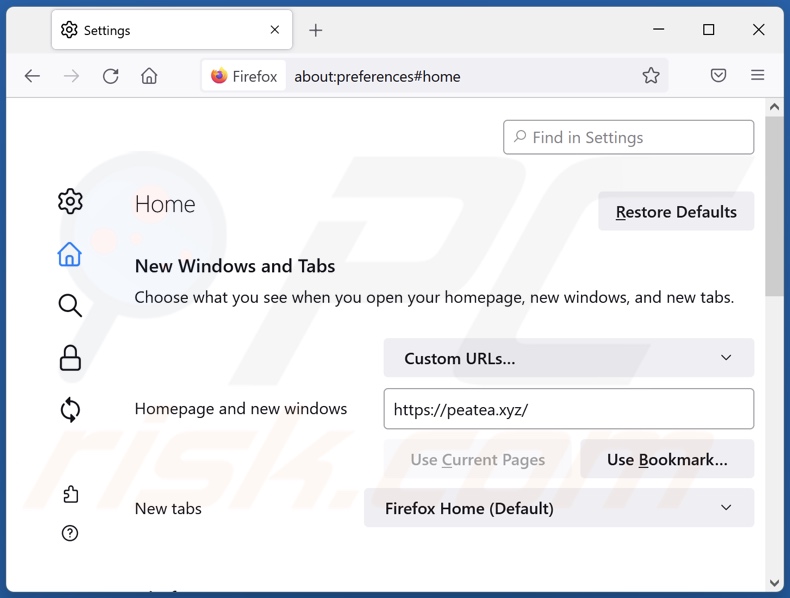 Rimozione di peatea[.]xyz dalla home page di Mozilla Firefox