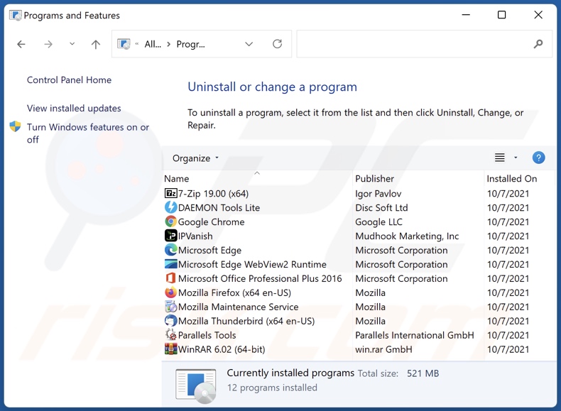 disinstallazione del dirottatore del browser peatea[.]xyz tramite il pannello di controllo