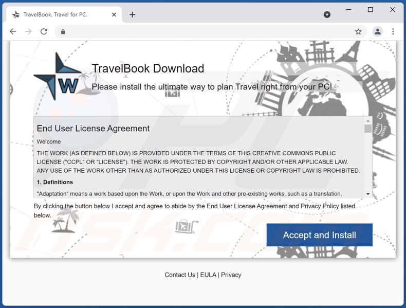 Sito di promozione dell'adware TravelBook