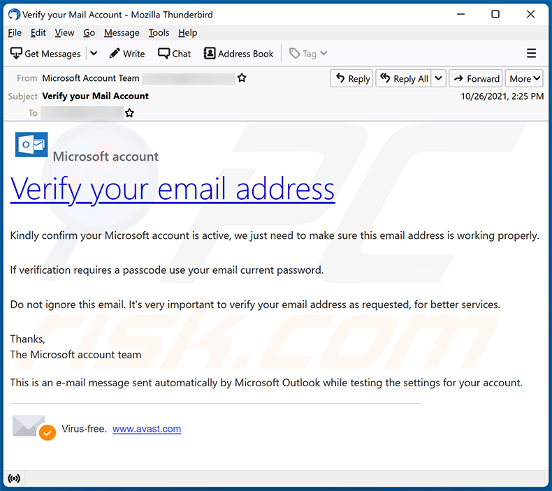 Verifica l'e-mail di truffa dell'account Microsoft (2021-10-29)