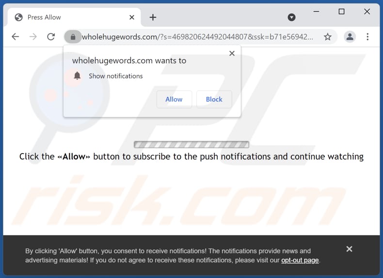 Wholehugewords[.]com reindirizzamenti pop-up