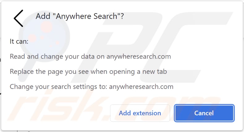 Notifica del browser che fornisce informazioni sul dirottatore del browser Anywhere Search