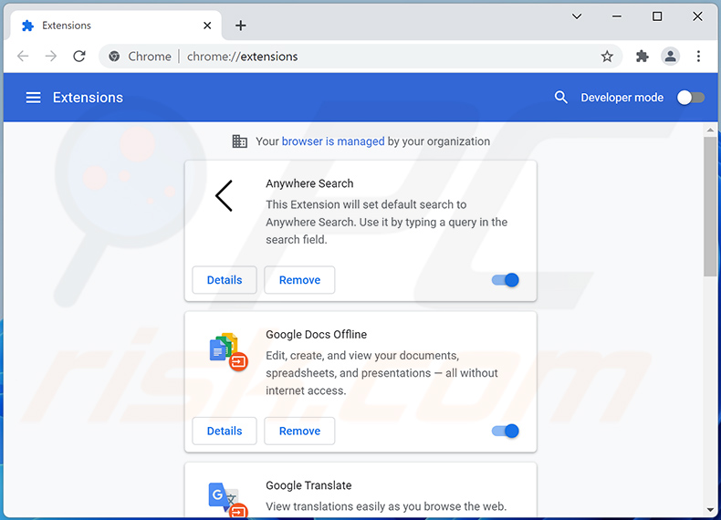 Removing anywheresearch.com related Google Chrome extensions