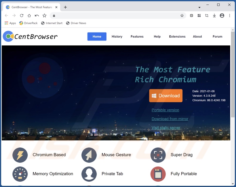 Sito di promozione di Cent Browser