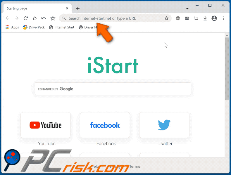 Apparizione di Cent Browser che causa un reindirizzamento tramite il motore di ricerca falso internet-start.net (GIF)