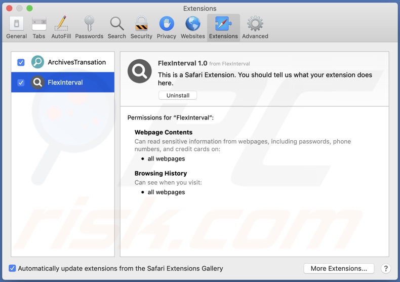 Adware FlexInterval installato su un browser Safari