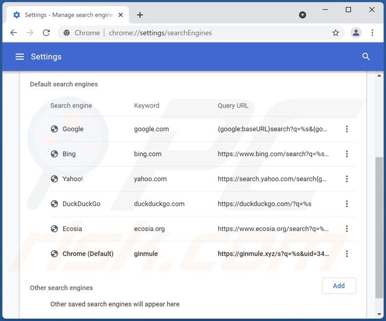 Rimozione ginmule.xyz dal motore di ricerca predefinito di Google Chrome