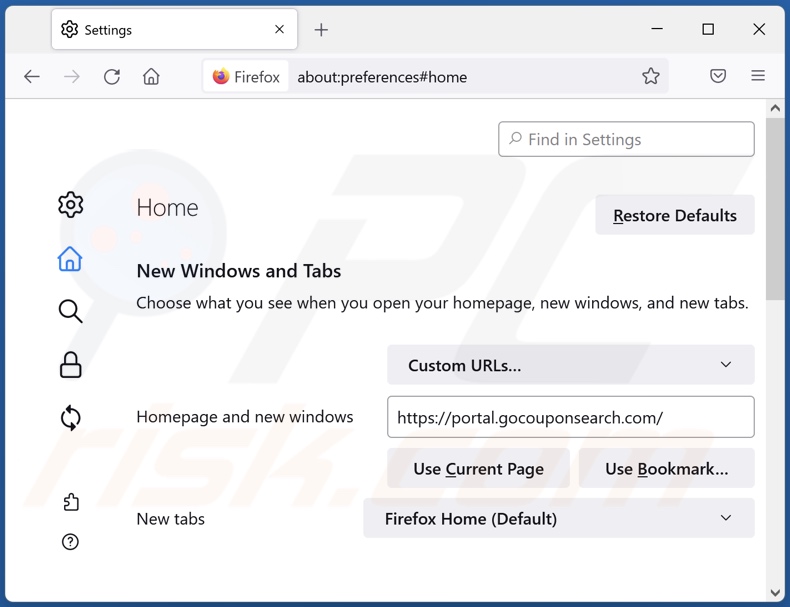 Rimozione di gocouponsearch.com dalla home page di Mozilla Firefox