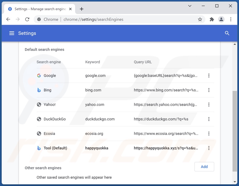 Rimozione di happyquokka.xyz dal motore di ricerca predefinito di Google Chrome