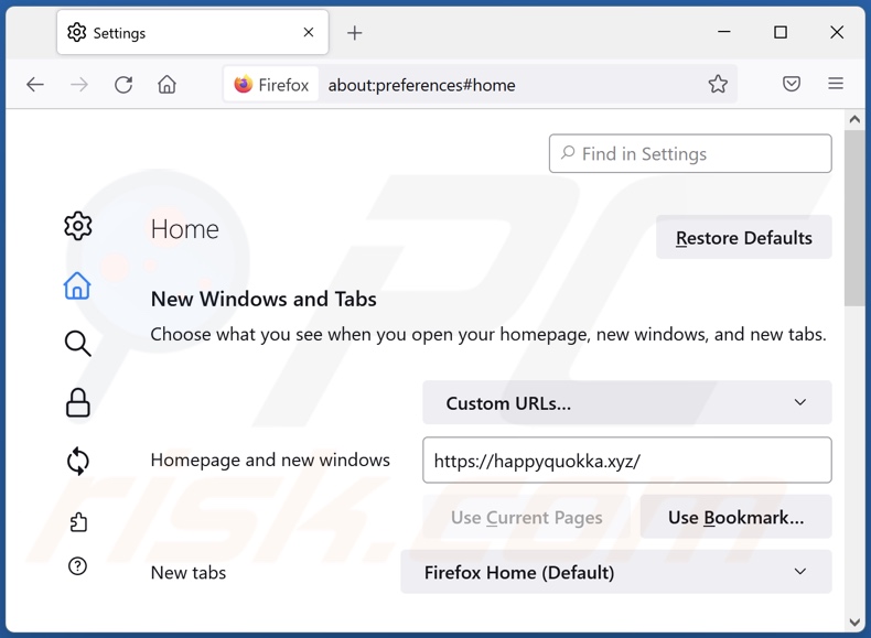 Rimozione di happyquokka.xyz dalla home page di Mozilla Firefox