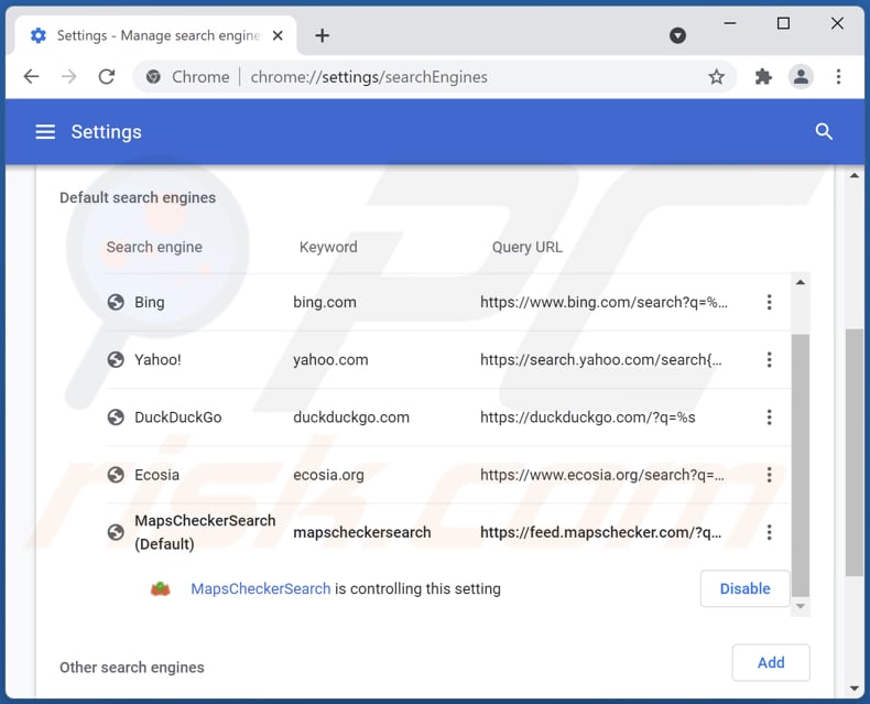 Rimozione di mapschecker.com dal motore di ricerca predefinito di Google Chrome