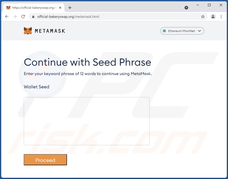 Sito Web di phishing promosso dalla truffa tramite e-mail di MetaMask