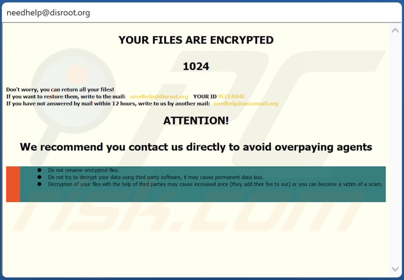 Nota di riscatto ransomware NEEH (finestra pop-up)