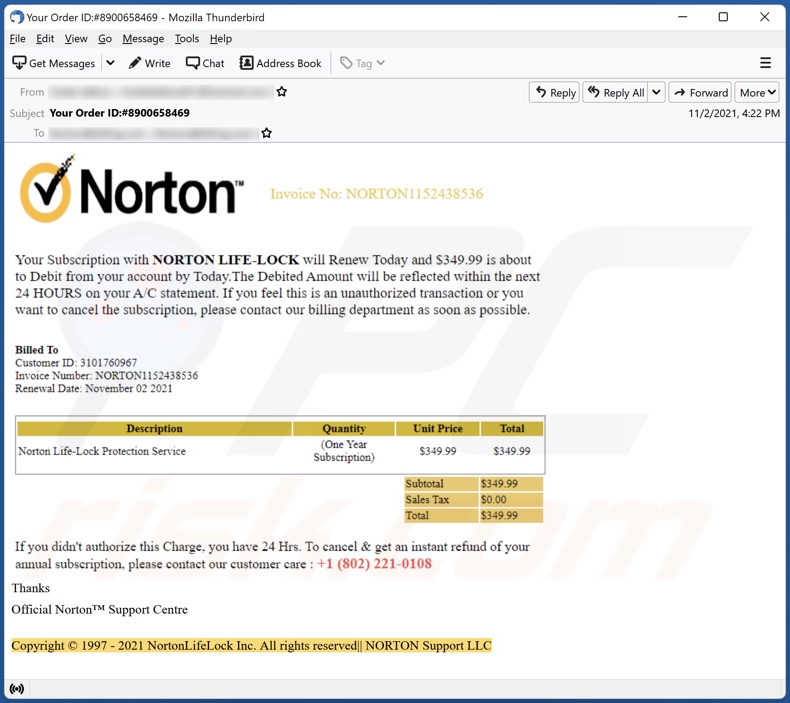 Norton Subscription will renew today campagna di spam via email