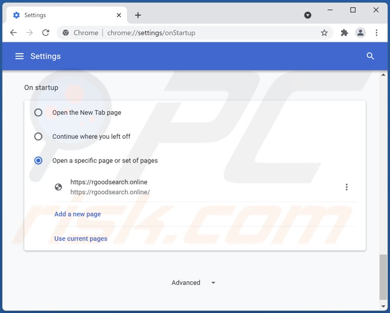 Rimozione di rgoodsearch.online dalla home page di Google Chrome