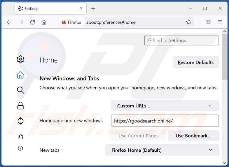 Rimozione di rgoodsearch.online dalla home page di Mozilla Firefox