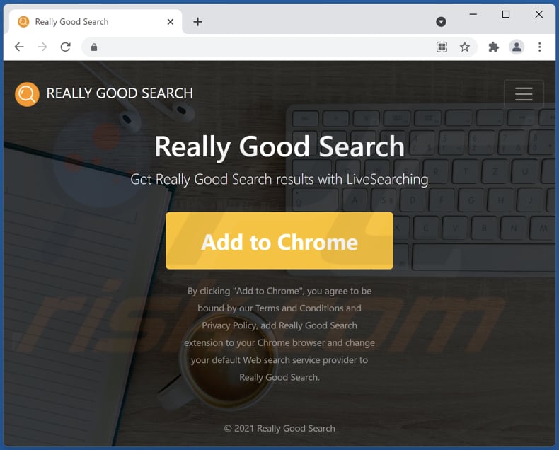 Sito web che promuove il dirottatore del browser Really Good Search: