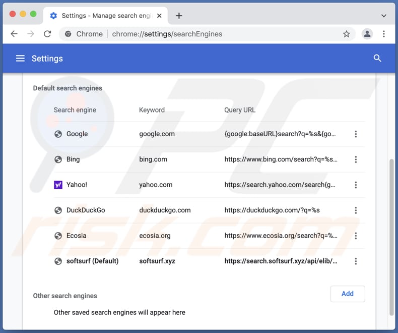 search.softsurf.xyz motore di ricerca falso creato come motore di ricerca predefinito