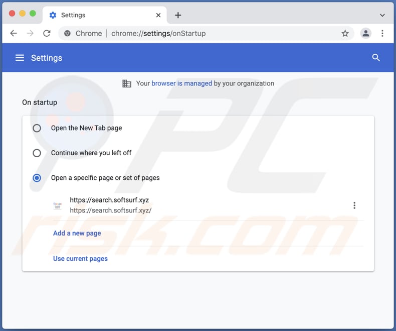 Search.softsurf.xyz nelle impostazioni di Chrome come pagina della nuova scheda: