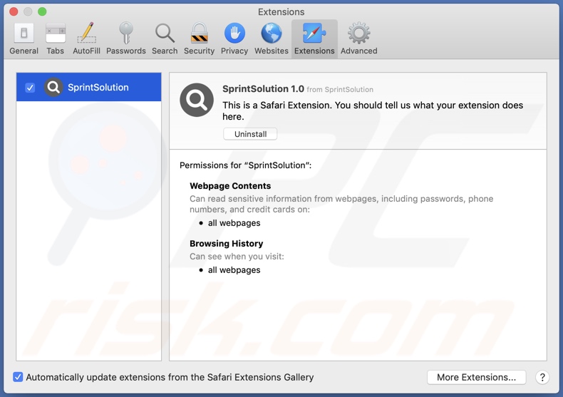 Adware SprintSolution installato su Safari