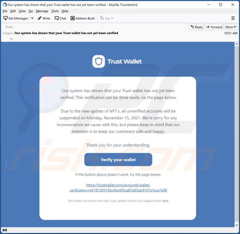 Screenshot dell'e-mail di phishing utilizzata per promuovere questa truffa