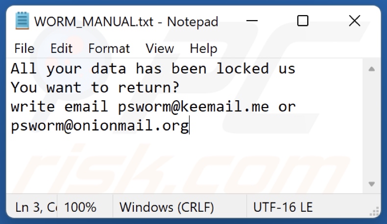 Screenshot del file di testo del ransomware WORM (Dharma) (WORM_MANUAL.txt)