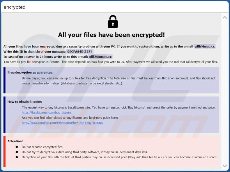 Finestra pop-up della richiesta di riscatto del ransomware XIII (info.hta)