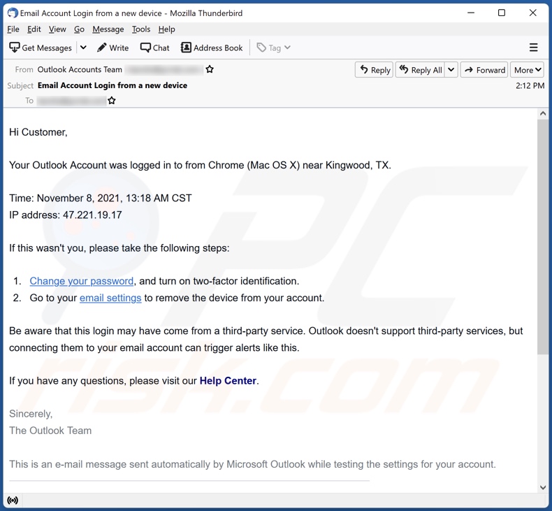 Il tuo account Outlook è stato registrato nella campagna di spam e-mail