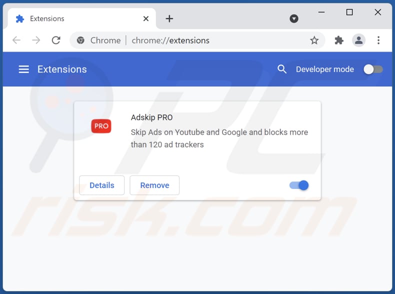 Rimozione degli annunci Adskip PRO da Google Chrome step 2