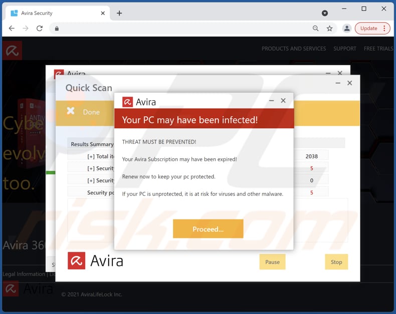 Avira - Your Pc May Have Been Infected truffa