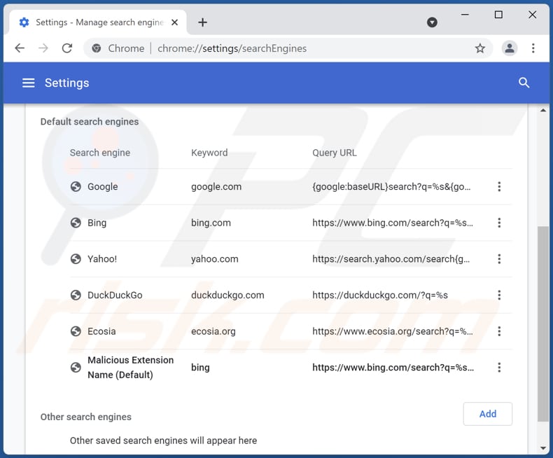 Rimozione di bing.com dal motore di ricerca predefinito di Google Chrome