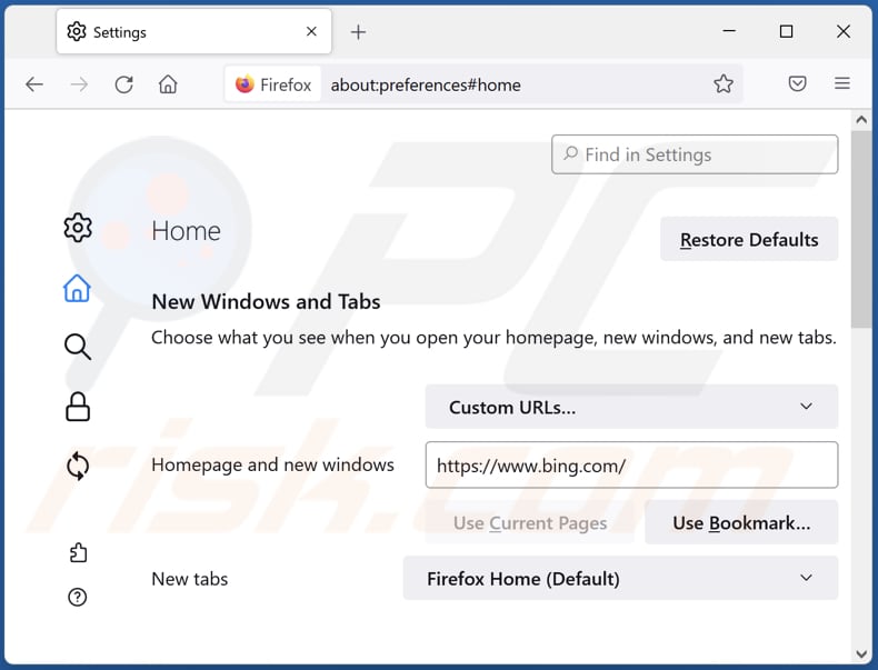 Rimozione di bing.com dalla home page di Mozilla Firefox