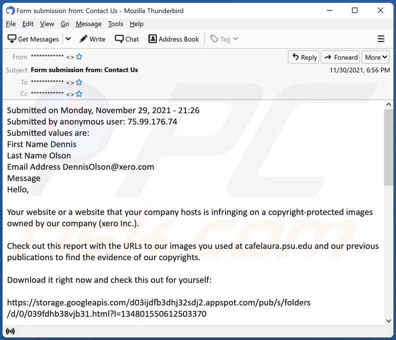 DMCA Copyright Infringement Notification campagna di spam via e-mail di diffusione di malware per virus e-mail