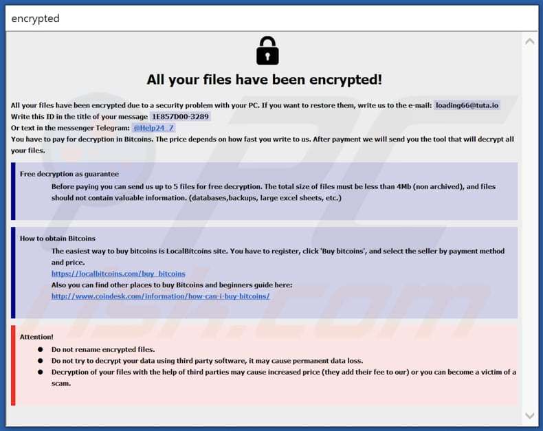 Finestra pop-up di Health ransomware (info.hta)