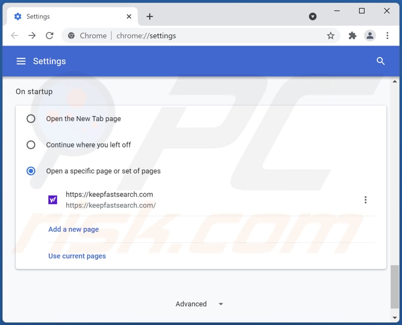 Rimozione di keepfastsearch.com dalla home page di Google Chrome