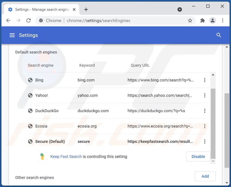 Rimozione di keepfastsearch.com dal motore di ricerca predefinito di Google Chrome