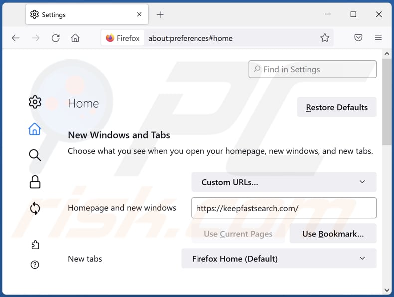 Rimozione di keepfastsearch.com dalla home page di Mozilla Firefox