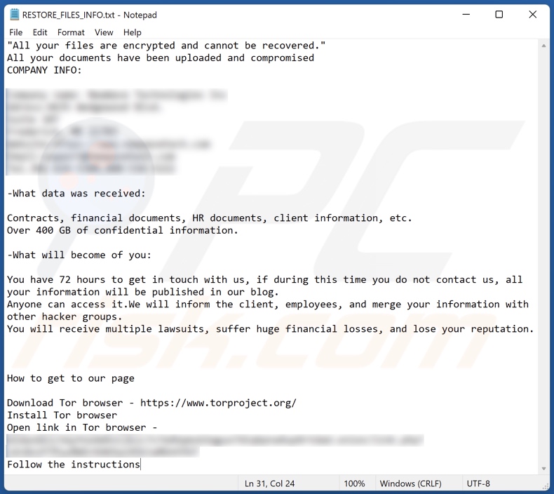 File di testo del ransomware Midas (RESTORE_FILES_INFO.txt)