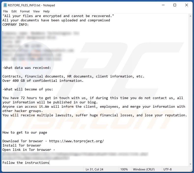 File di testo del ransomware Midas (RESTORE_FILES_INFO.txt)