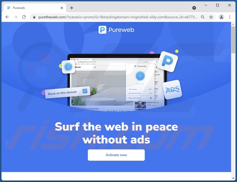 Screenshot del sito Web utilizzato per promuovere l'adware Pureweb