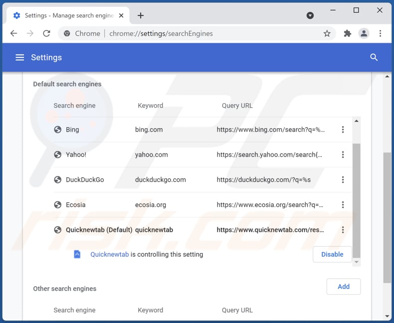 Rimozione di quicknewtab.com dal motore di ricerca predefinito di Google Chrome